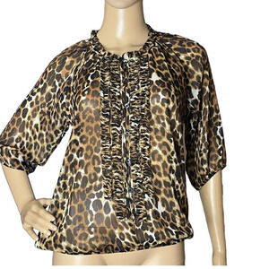 Express Women's Sheer Leopard Cheetah Blouse Top‎ XS Ruffled Pullover Style